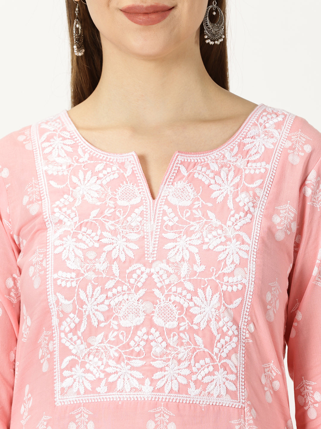 Pastel Pink Floral Print Cotton Kurta with Chikankari Embroidery