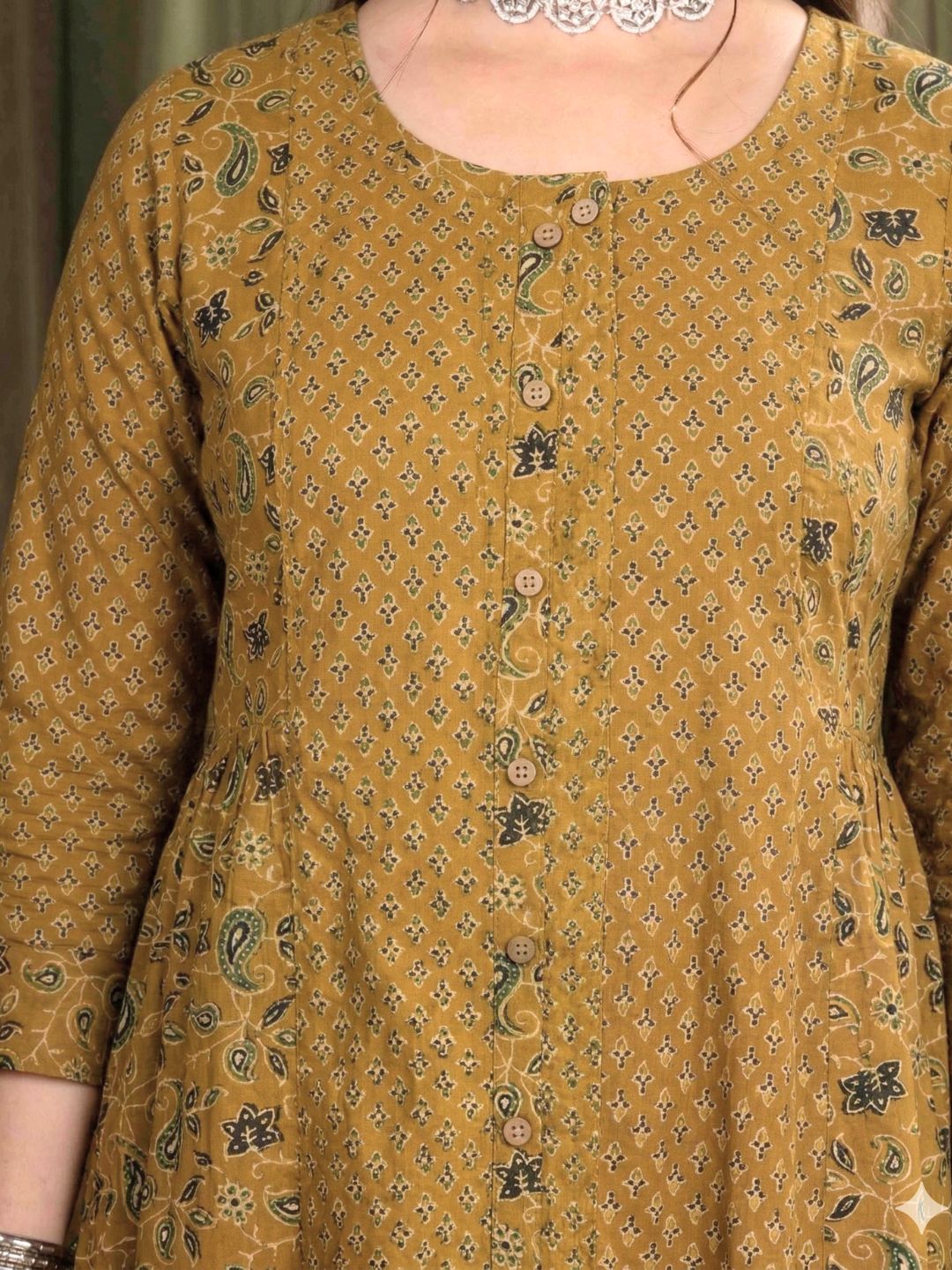 Mustard Printed A-Line Cotton Kurta