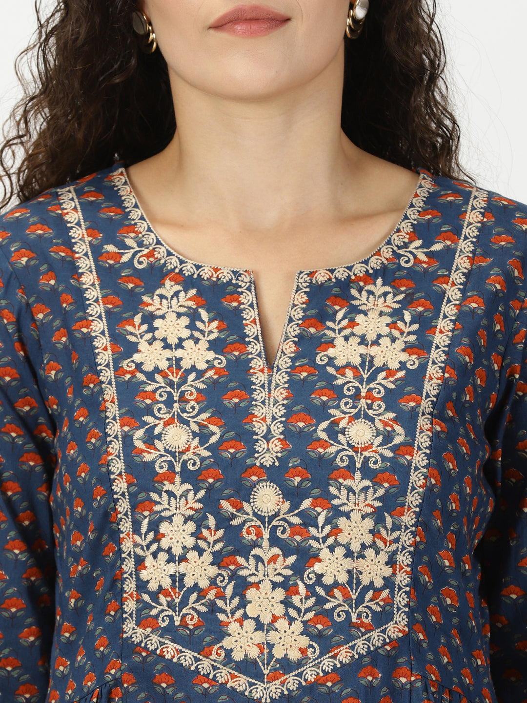 Blue Floral Print Kurta with Yoke Embroidery