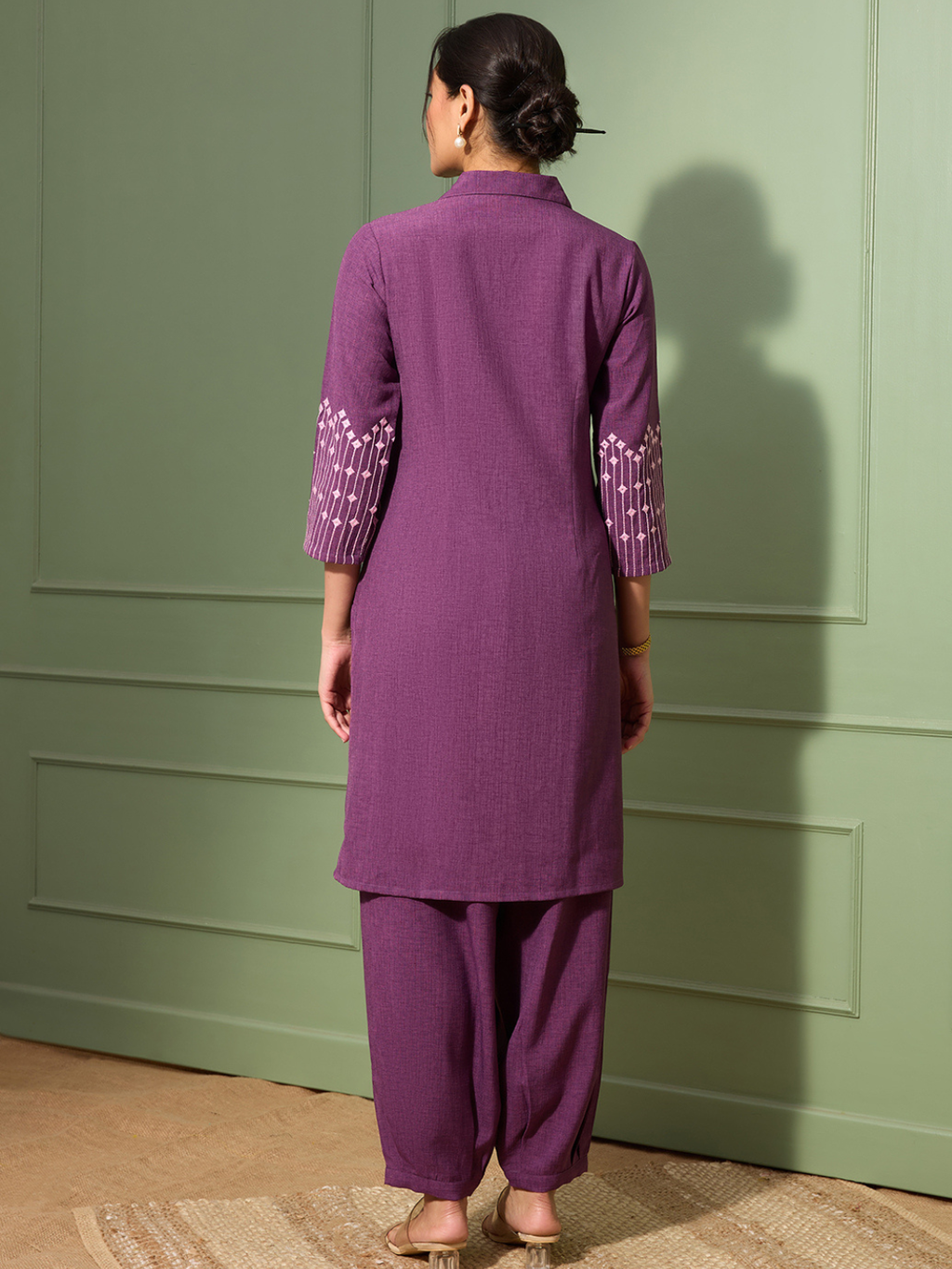 Aubergine Purple  Embroidered Kurta Set with Pleated Pants for Women | Saffron Threads