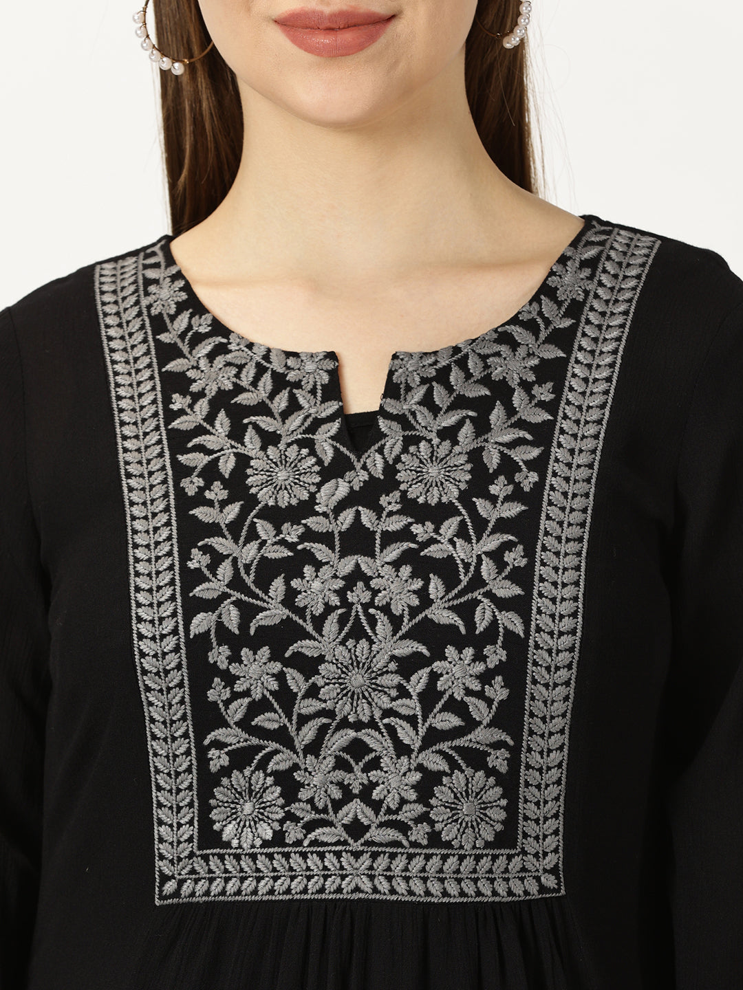 Black Floral Print Cotton Tunic with Lucknowi Chikankari Yoke