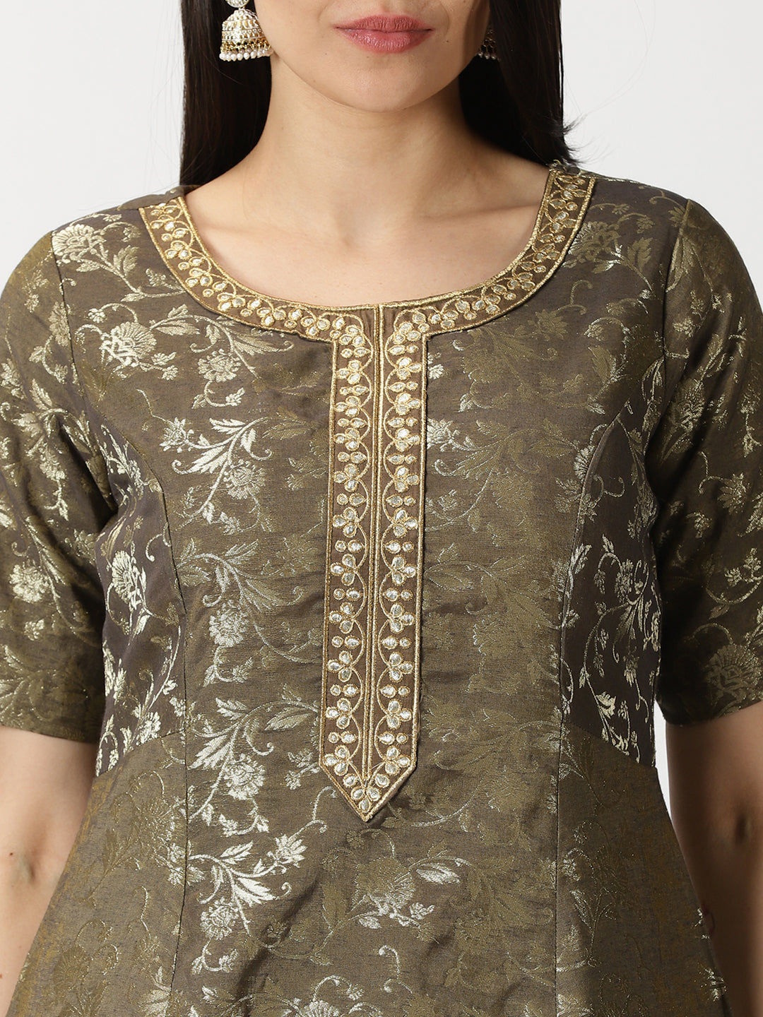 Mehendi Green Banarasi Jacquard Kurta with Palazzo & Dupatta