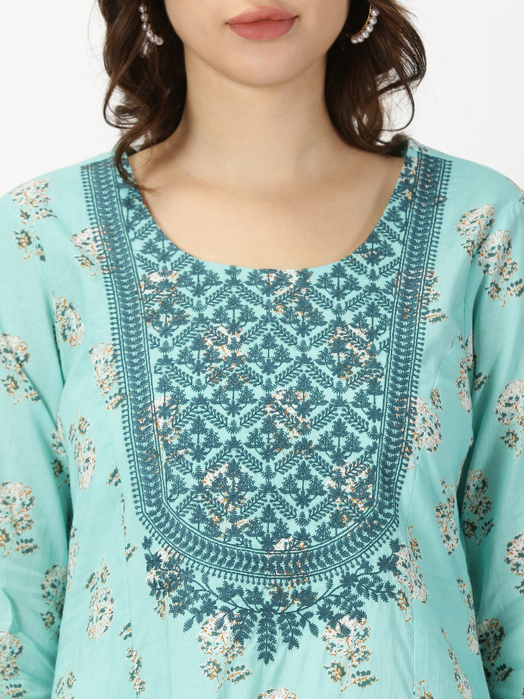 Turquoise Blue Floral Print Kurta with Yoke Embroidery