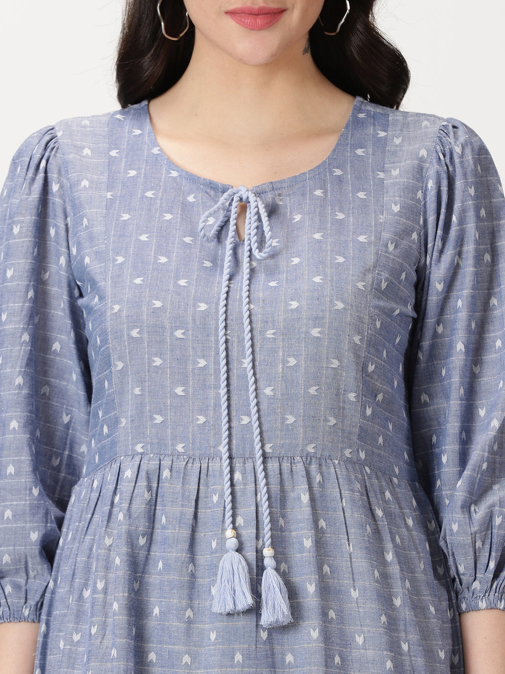 Blue Abstract Woven Design Tiered Midi Dress