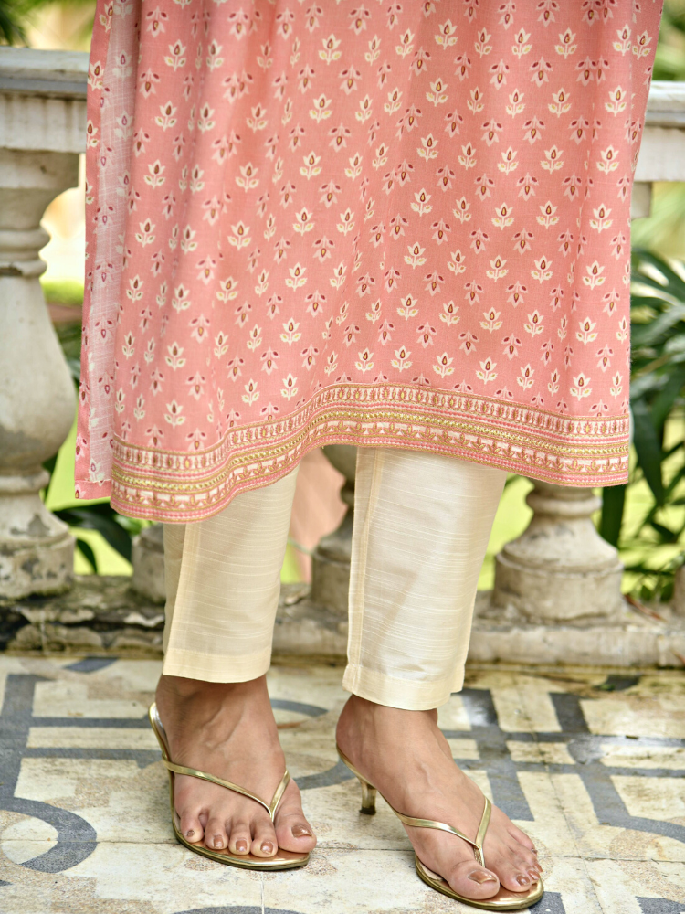 Peach Floral Print Rayon Kurta with Embroidery Border