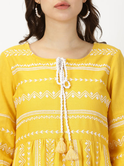 Yellow Embroidered Tiered Boho Midi Dress