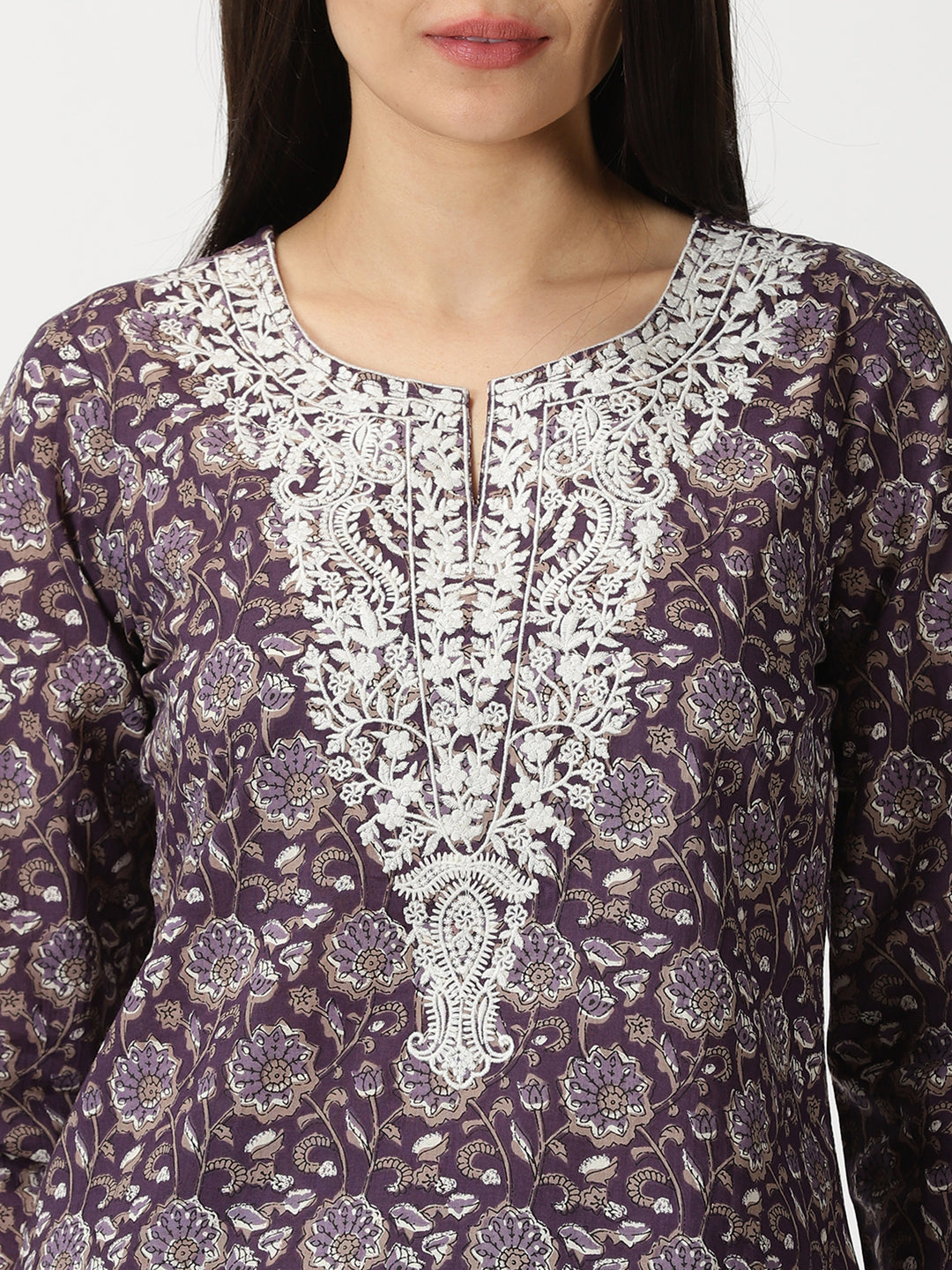 Purple Floral Print Cotton Co-ord Set with Chikankari Embroidered Yoke