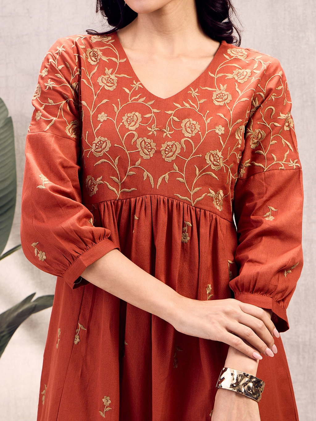 Burnt Orange Boho Embroidered Dress
