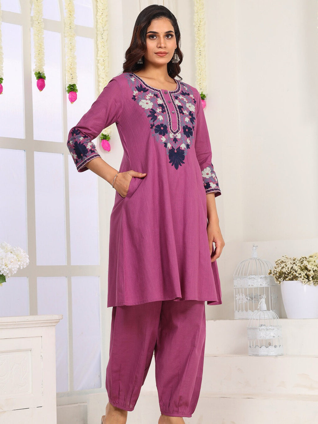 Mulberry Rose Kashida Embroidered A-Line Cotton Kurta Set with Salwar