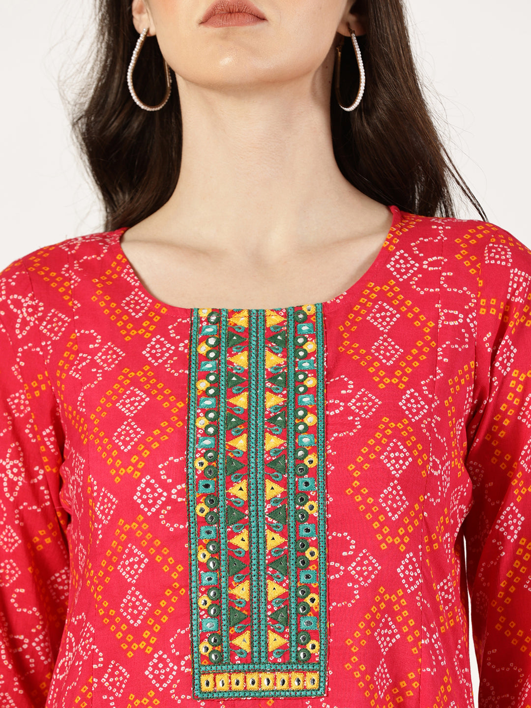 Pink Cotton Printed Kurta with Embroidered Neck and Mirror Work