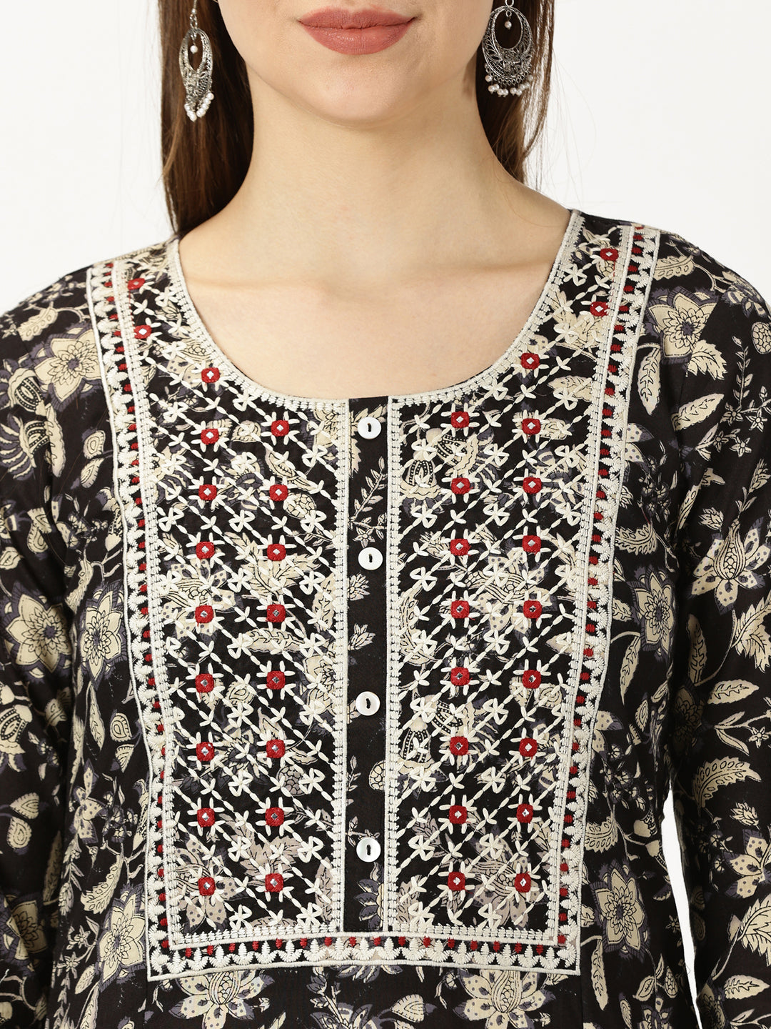 Black Floral Print Kurta with Yoke Embroidery and Mirror Work