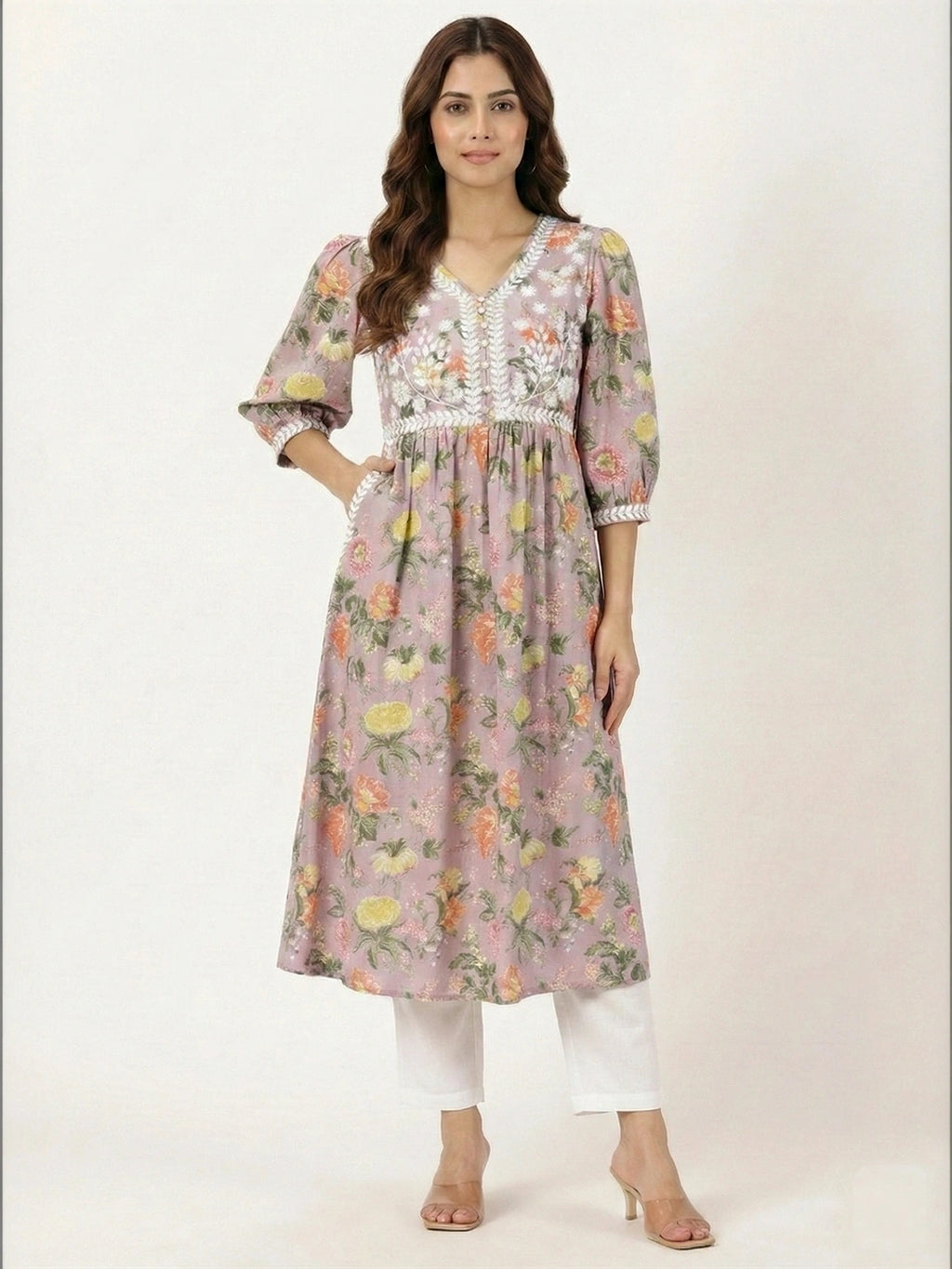 Lilac Floral Print Kurta with Chikankari Embroidery