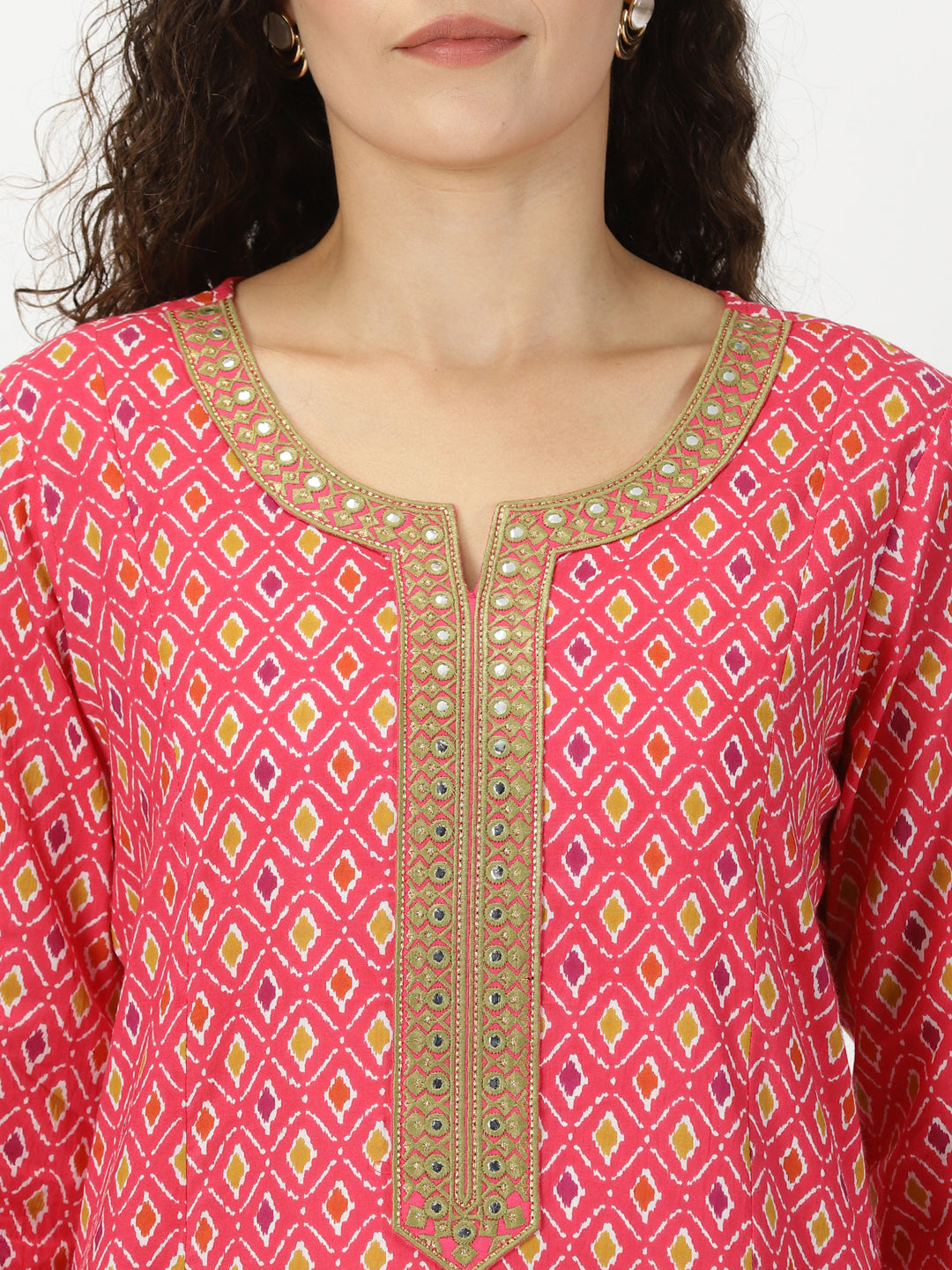Pink Ikat Print Cotton Kurta with Mirror Neck Embroidery