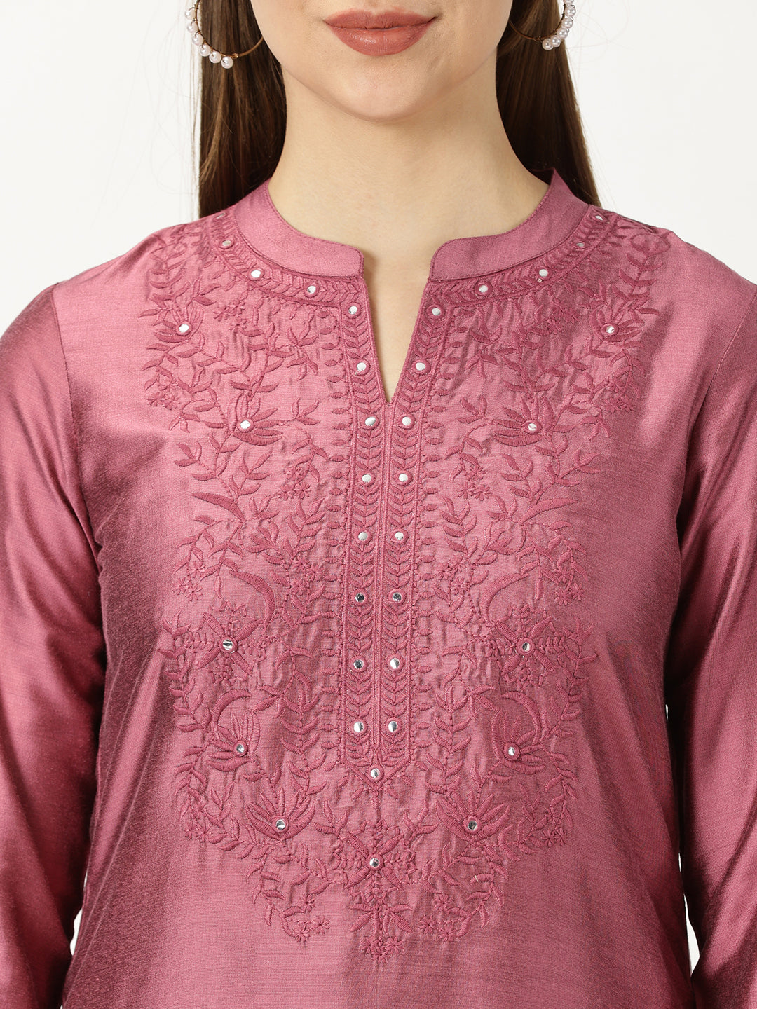 Pink Art Silk Embroidered  Neck Tunic with Mirror Accents