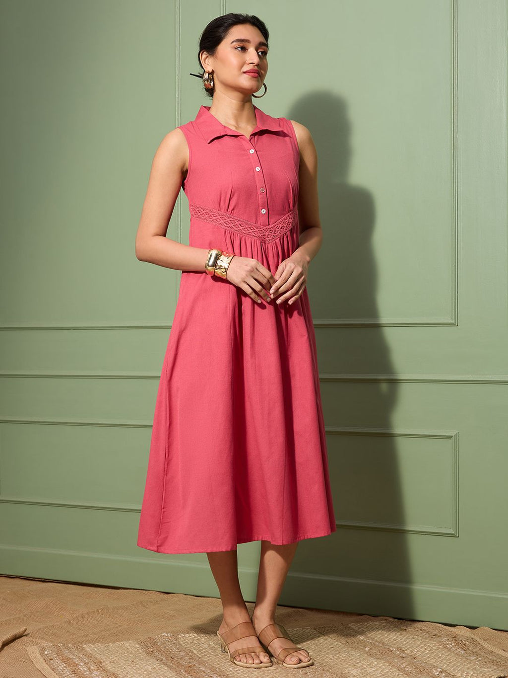Coral Sleeveless Cotton Linen Dress with Collar & Lace Panel