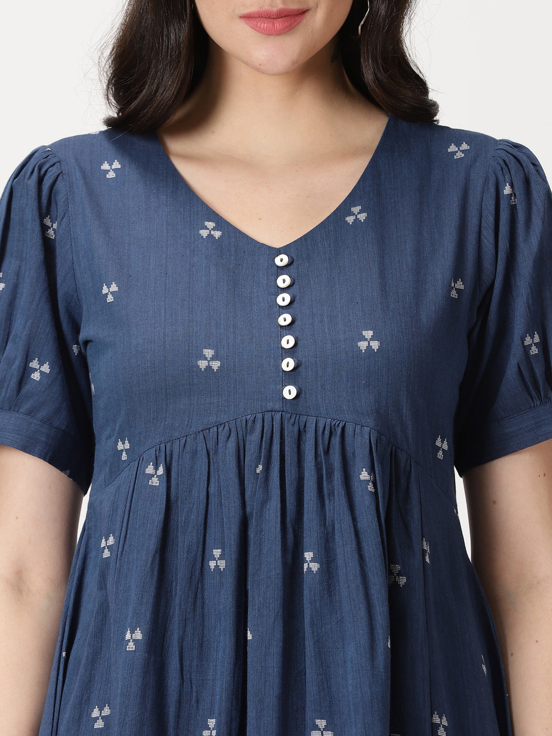 Navy Blue Woven Design Cotton Midi Dress