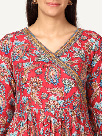 Red Paisley Print Angrakha Kurta with Mirror Embroidery and Gathers