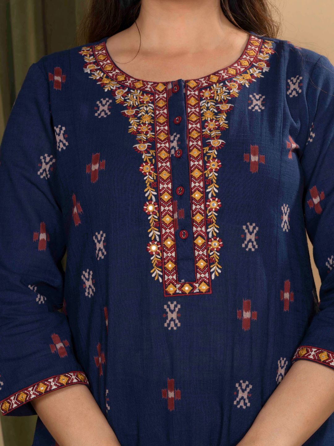 Regal Navy Blue Ikat Print Cotton Kurta with Embroidery