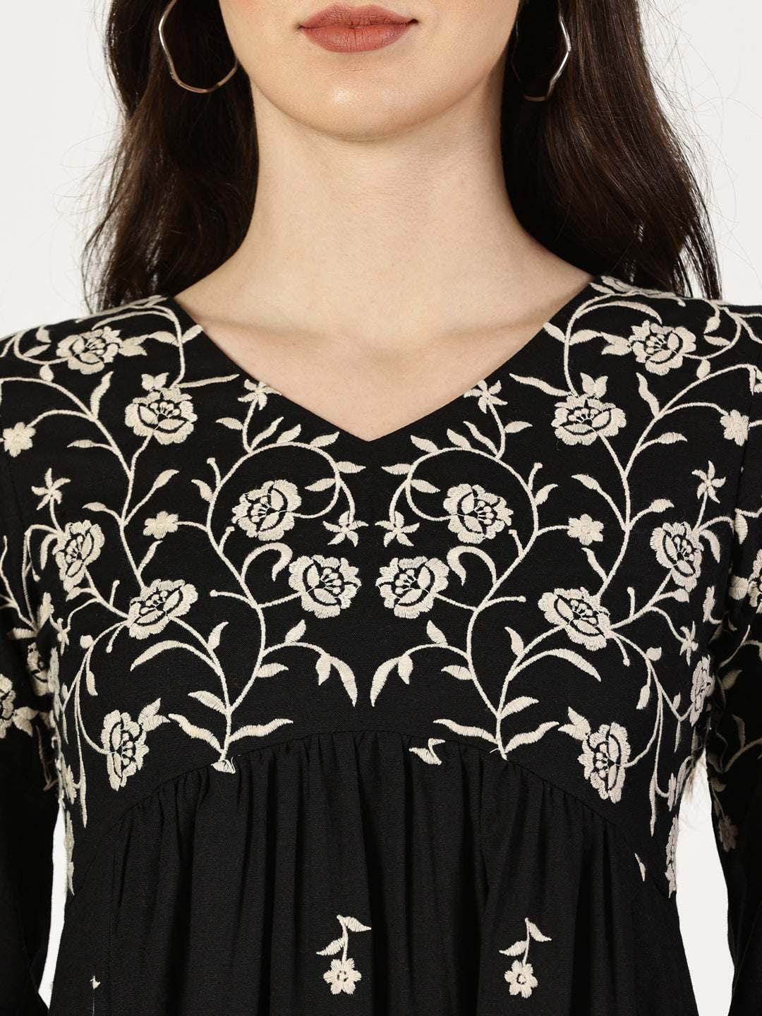 Black Boho Embroidered Midi Dress