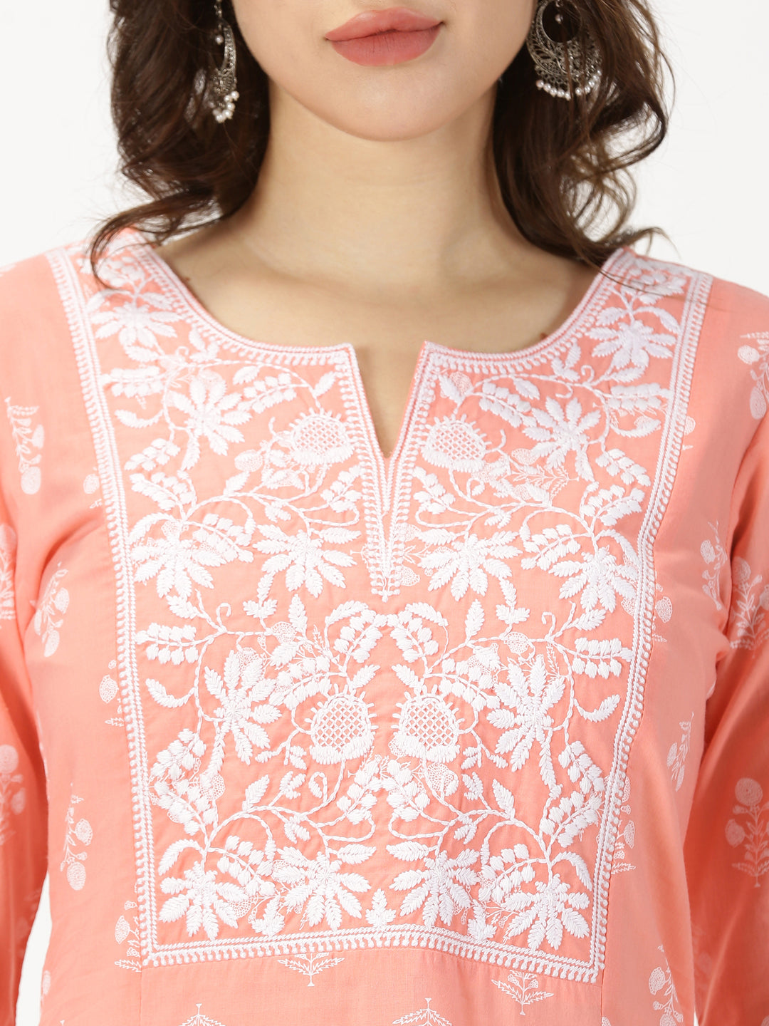 Peach Floral Print Kurta with Chikankari Embroidery