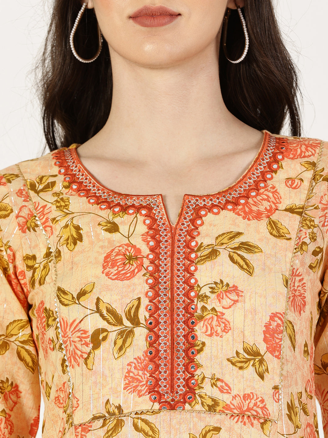 Peach Floral Print Kurta with Yoke Embroidery