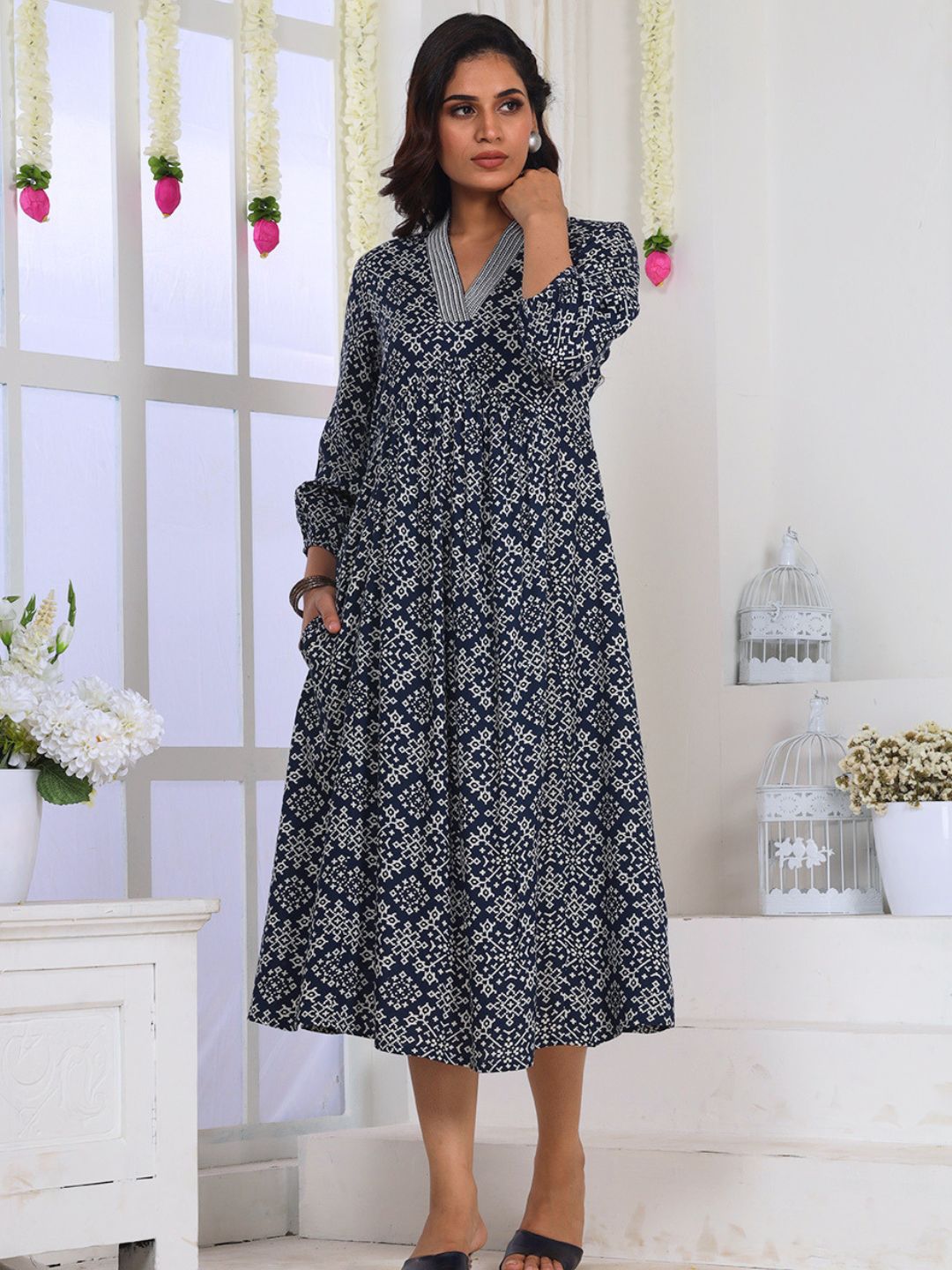 Navy Blue Printed A-Line Dress with Embroidery and Pockets