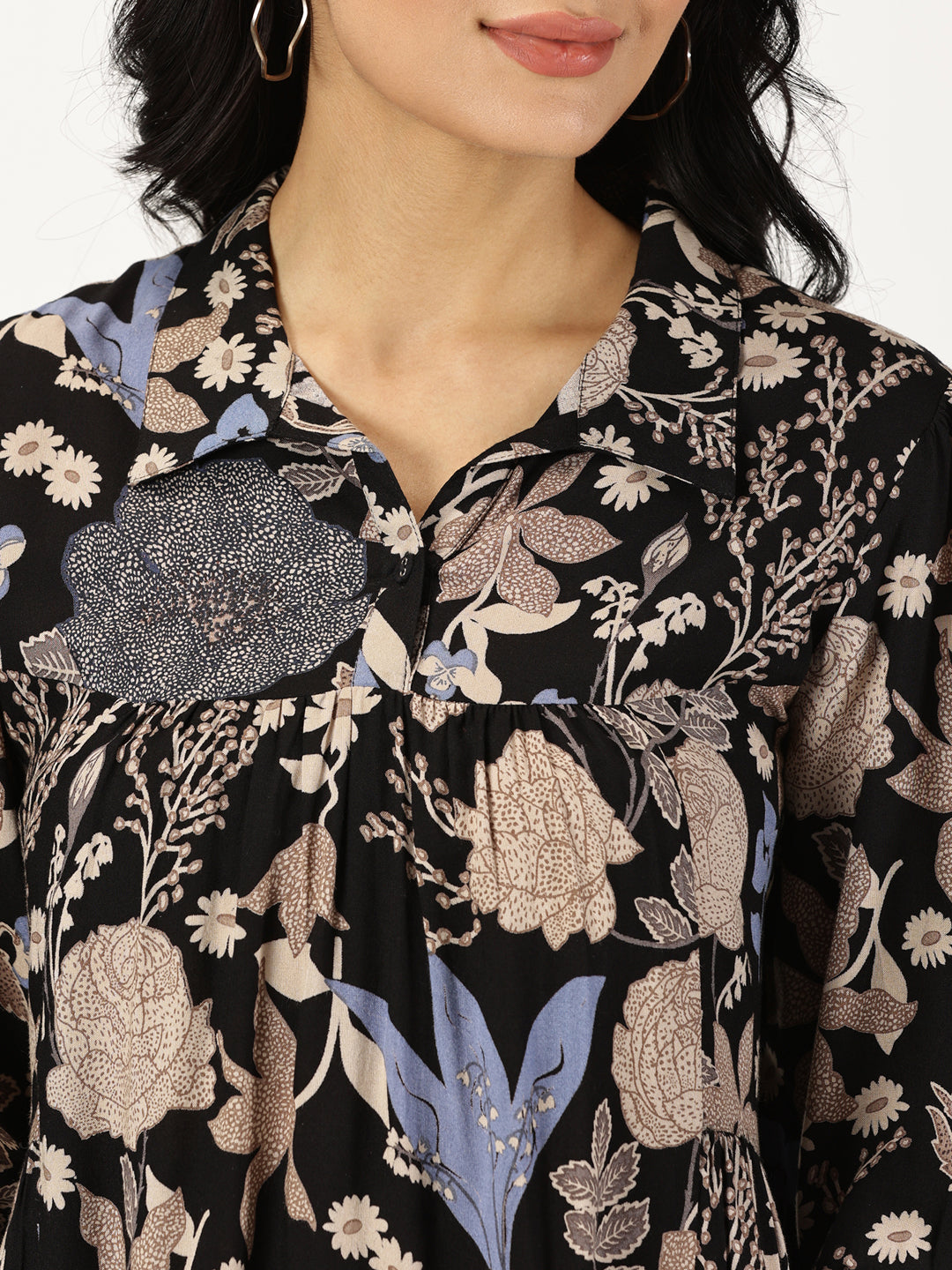 Black Tropical Print Shirt Collar Midi Dress