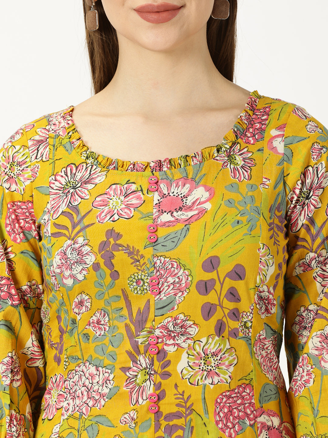 Mustard Tropical Print Boho Cotton Dress