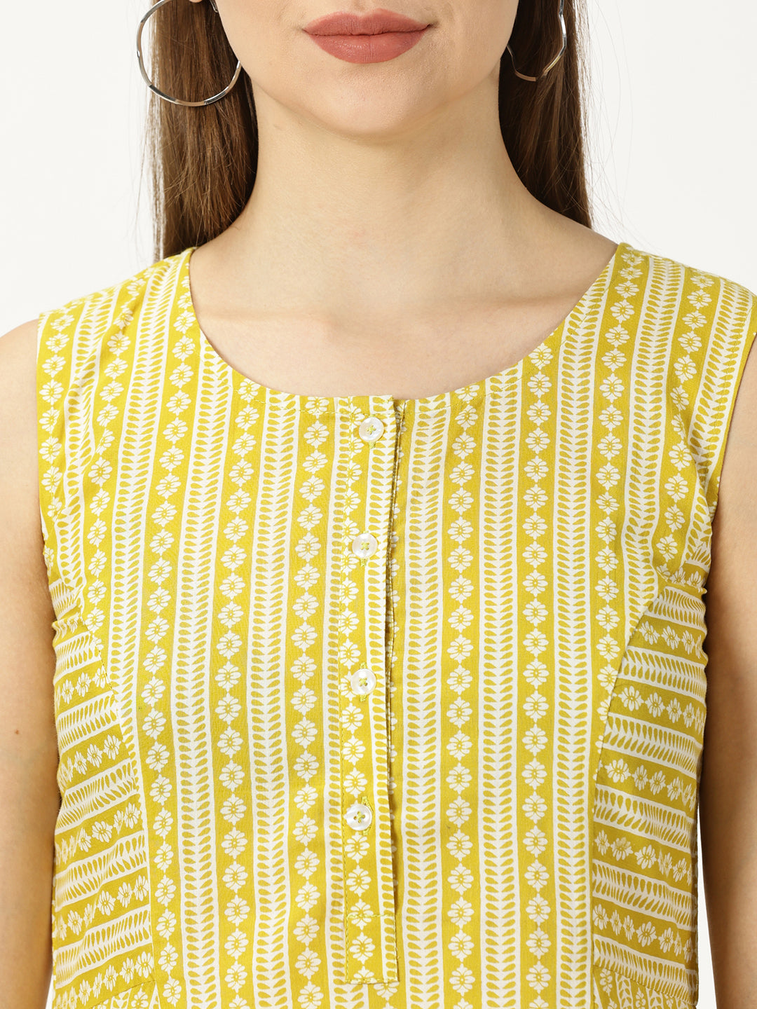 Yellow Panelled Printed Cotton A-line Dress