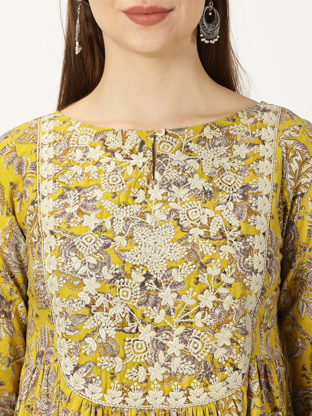 Mustard Printed Cotton Kurta with Neck Embroidery