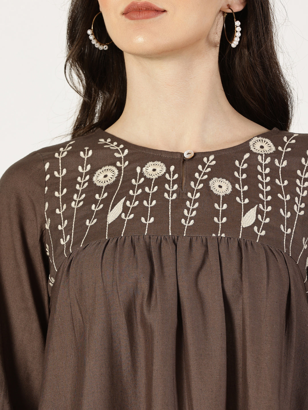 Brown Cotton Linen Embroidered Dress with Lace