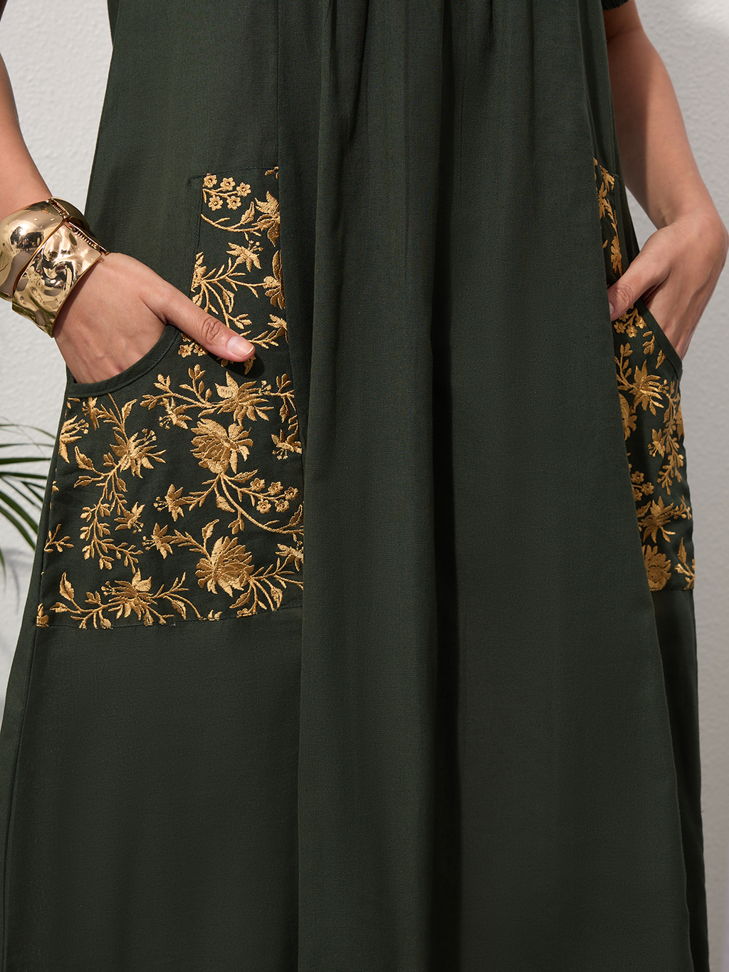 Forest Green Cotton Linen Dress A-Line with Parsi Gara Inspired Embroidery