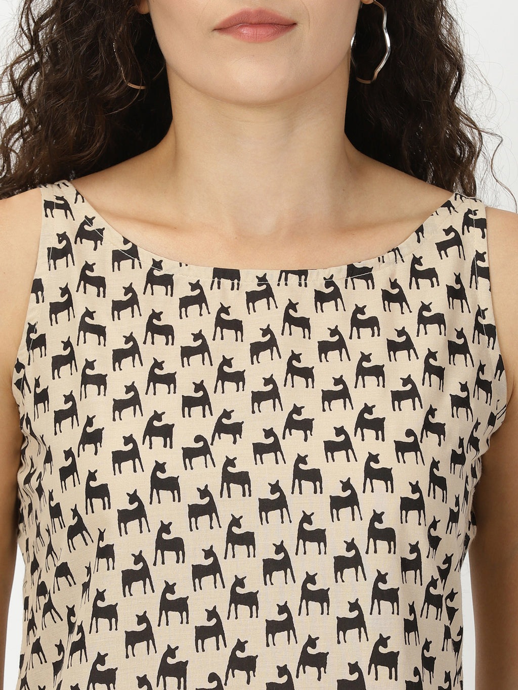 Beige Quirky Animal Print Cotton Tank Top