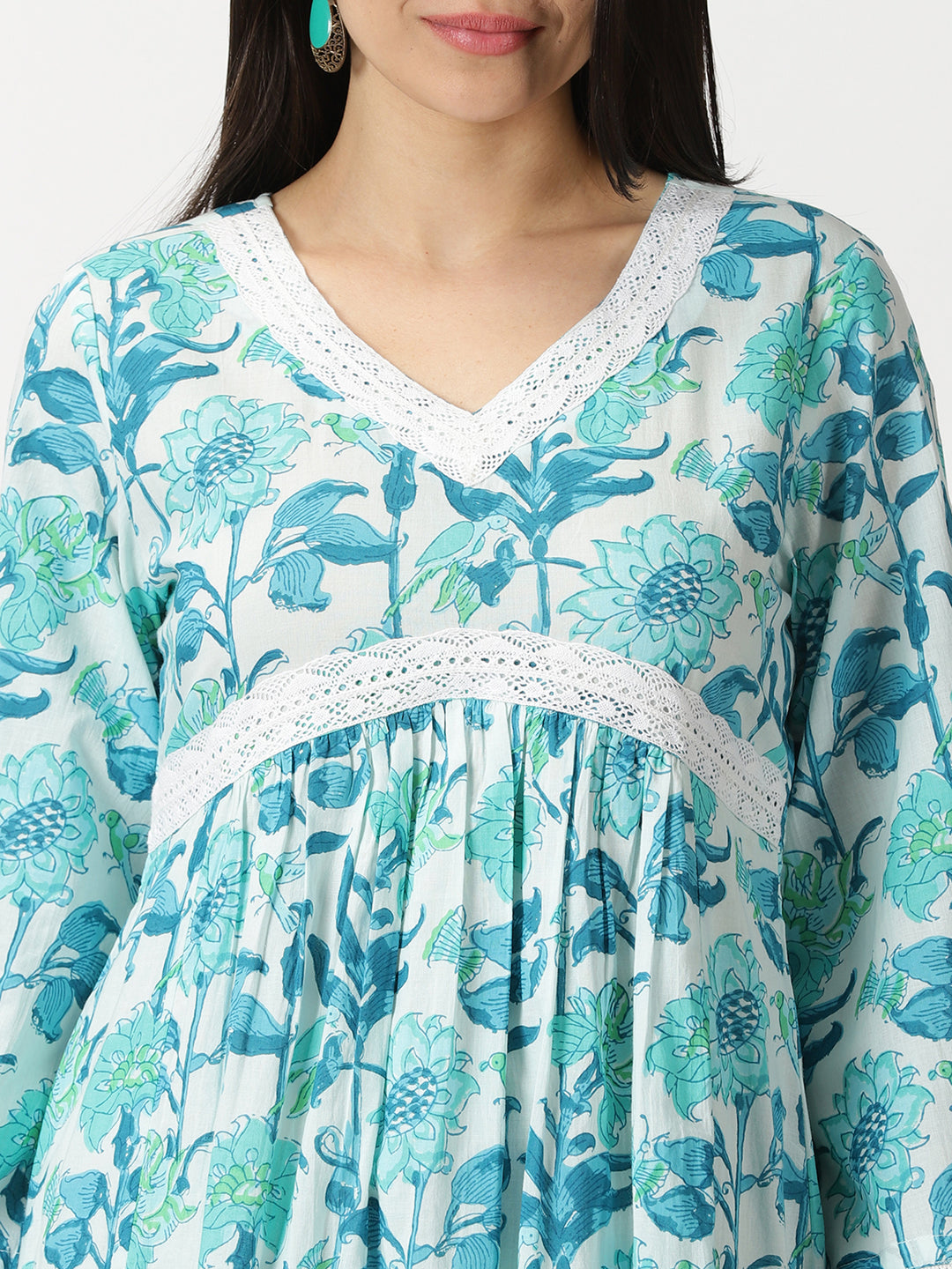 White Tropical Print Cotton Midi Dress with Lace Details