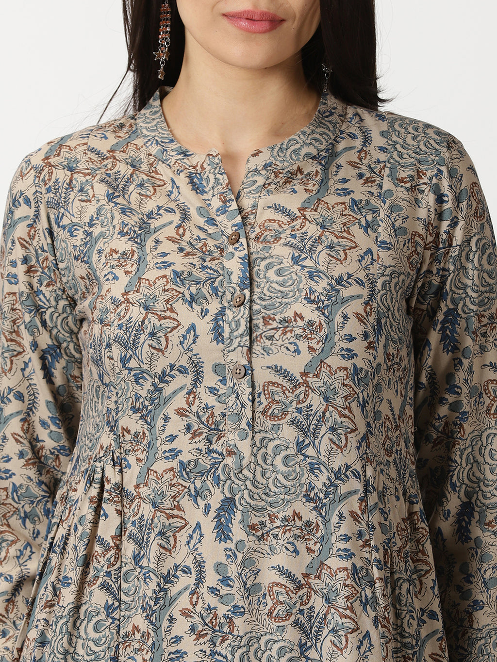 Beige Ethnic Floral Print Rayon Dress with Side Gathers