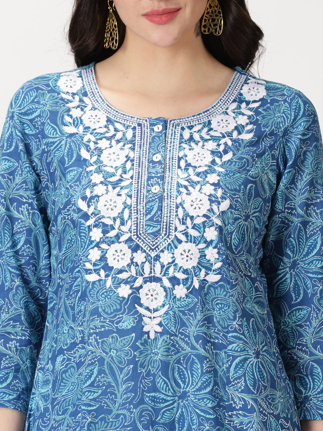 Blue Floral Print Cotton Kurta with Chikankari Yoke Embroidery