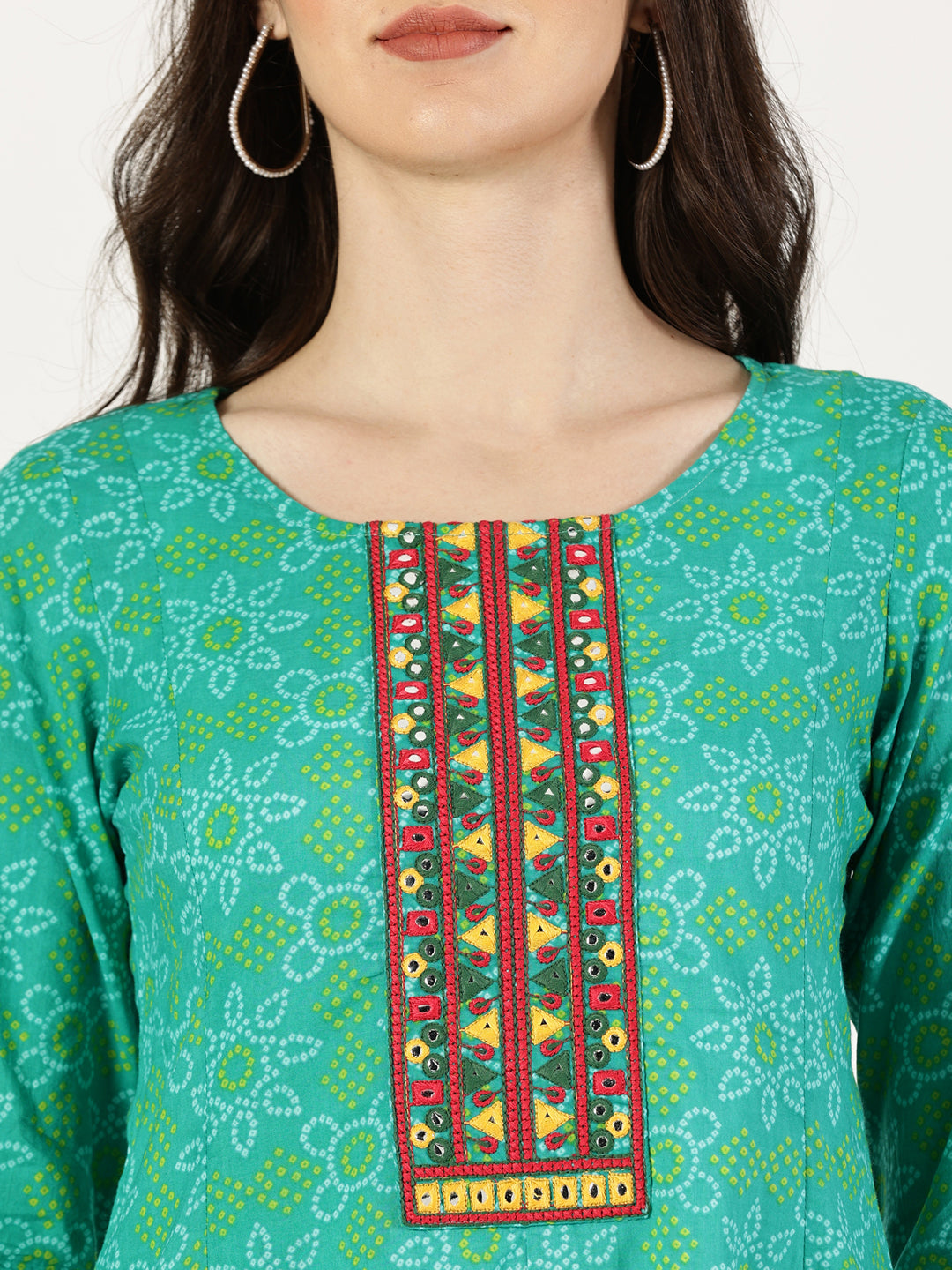 Green Cotton Printed Kurta with Embroidered Neck and Mirror Work