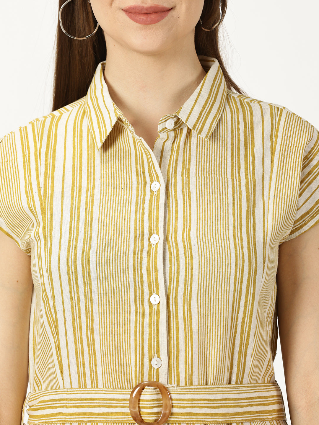 Yellow Striped Print Cotton Flax Dress With Belt Buckle