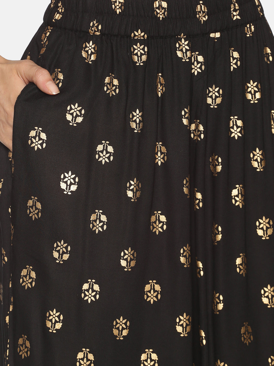 Black & Gold-Toned Printed Flared Palazzo