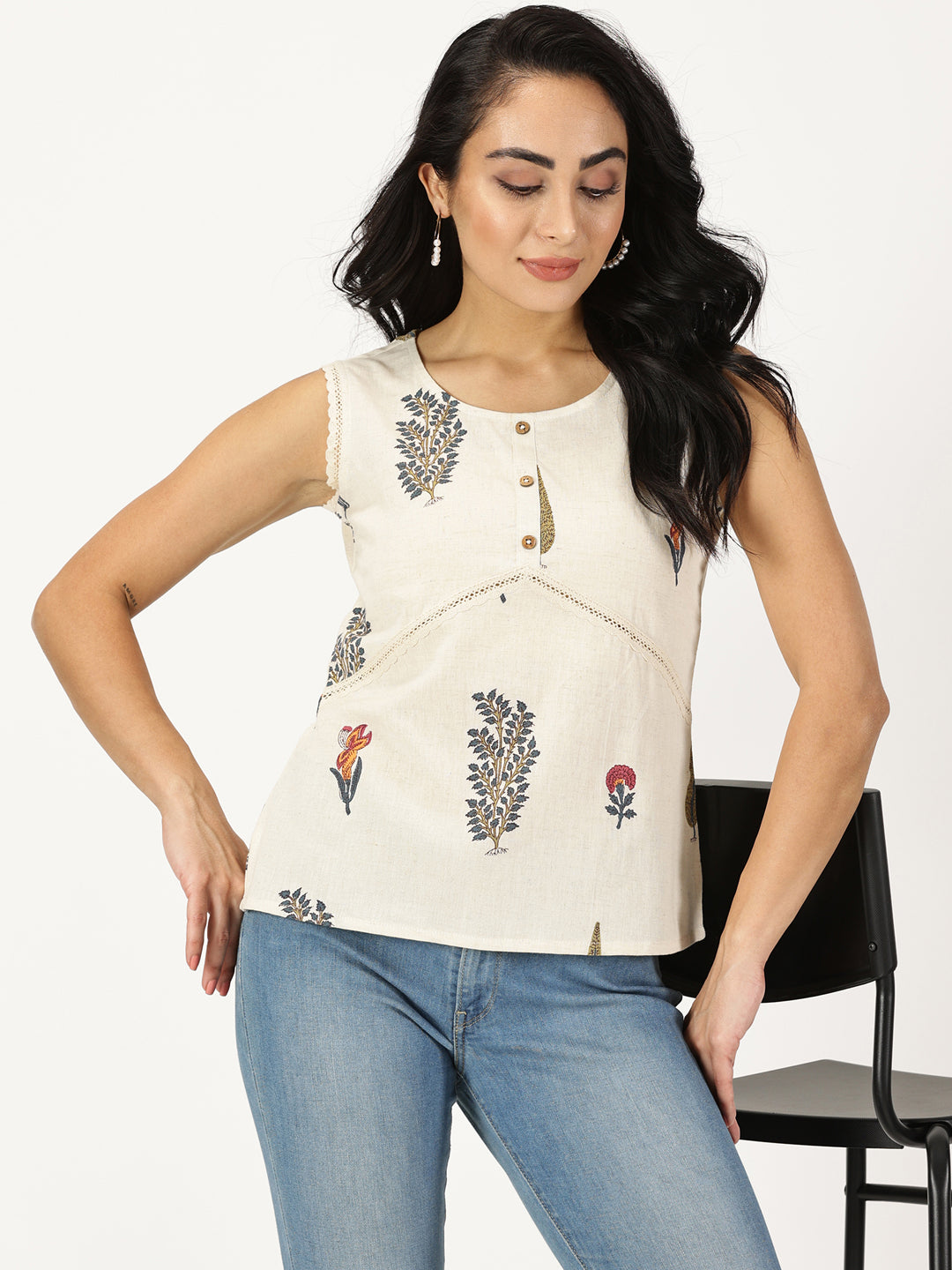 Natural Mughal Print Top with Lace Inserts