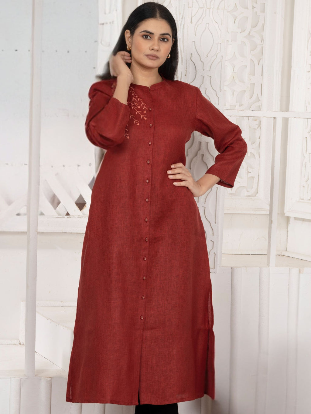 Auburn Red Vine-Trail Button-Down Kurta