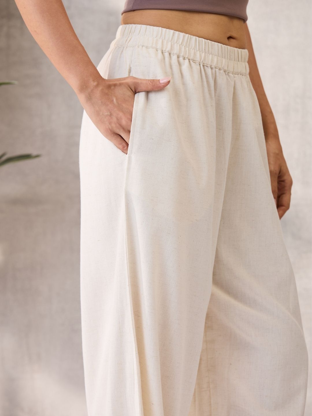 Off White Cotton Linen Piping Hem Palazzo with Pocket