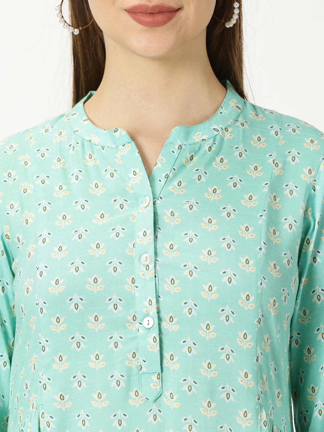 Sea Green Printed Rayon Dress with Side Gathers