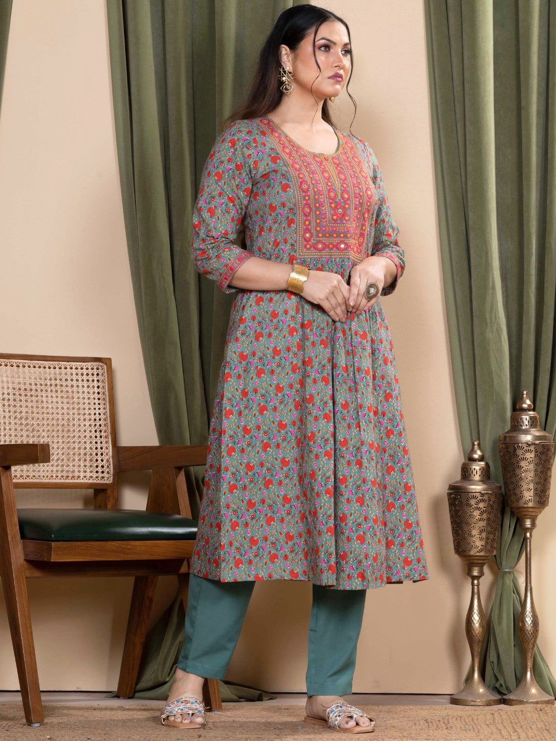 Mint Green Sanganeri Printed Kurta with Embroidered Yoke
