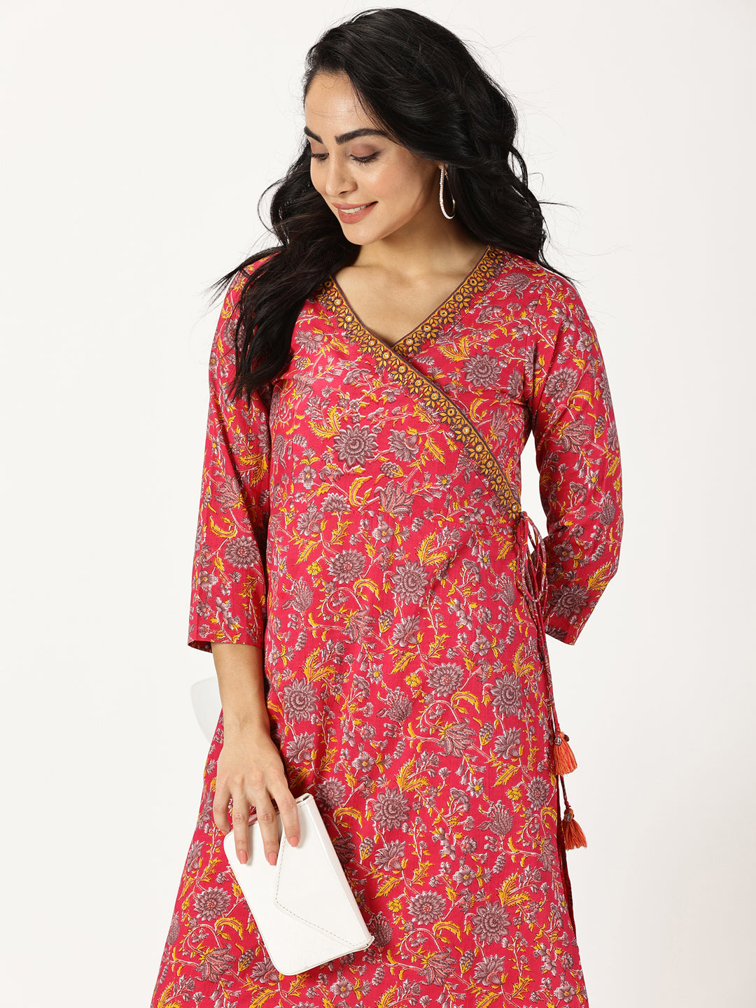 Pink Floral Print Angrakha Kurta with Neck Embroidery