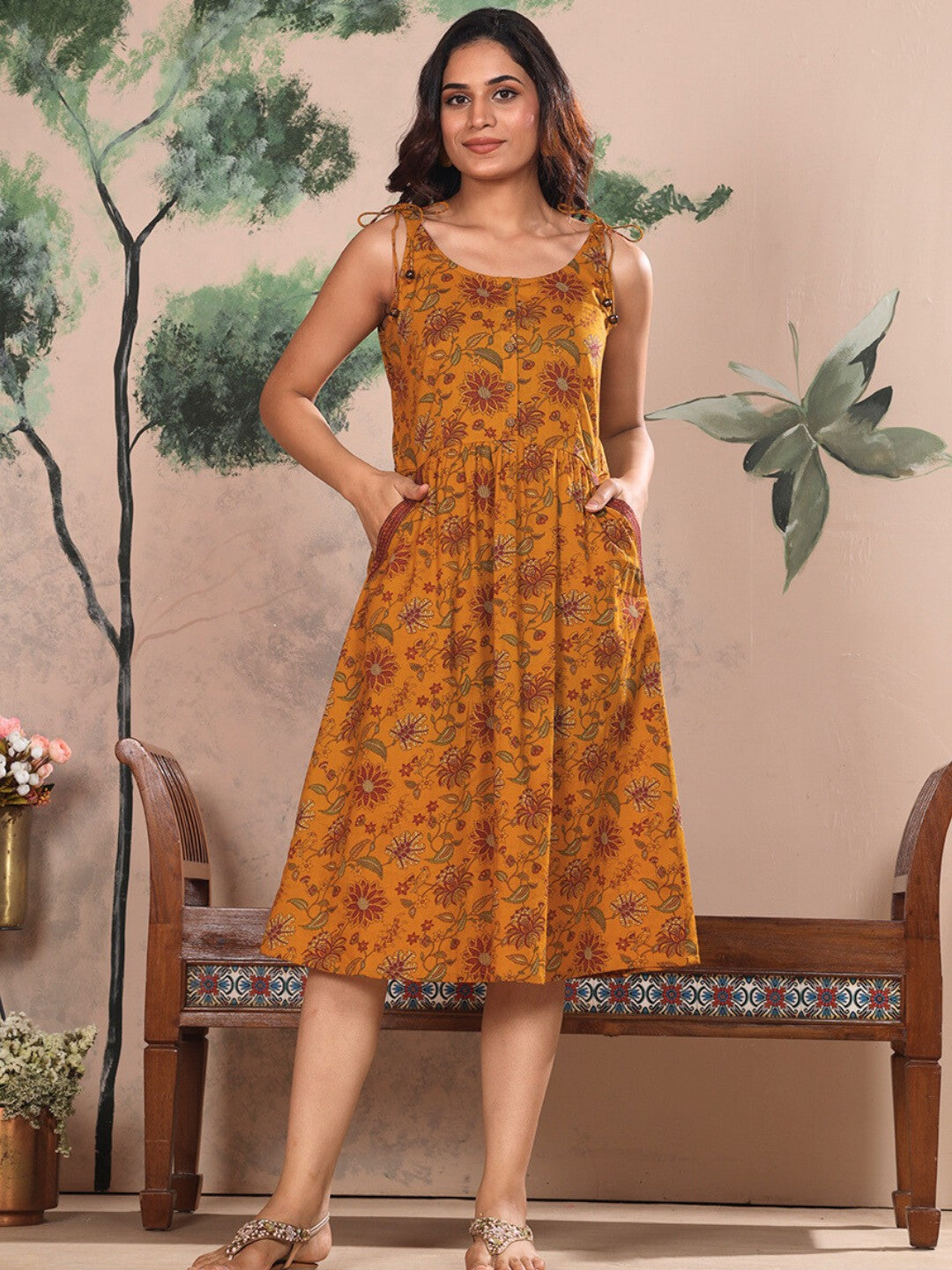Mustard Ornate Bloom Printed Cotton Fit & Flare Dress
