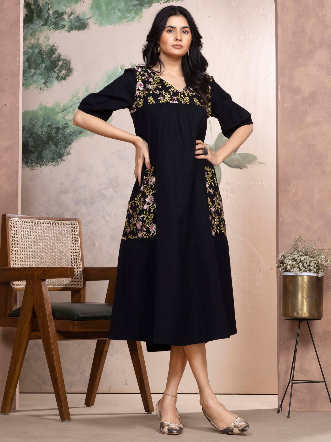 Midnight Black Cotton Linen Dress A-Line with Parsi Gara Inspired Embroidery