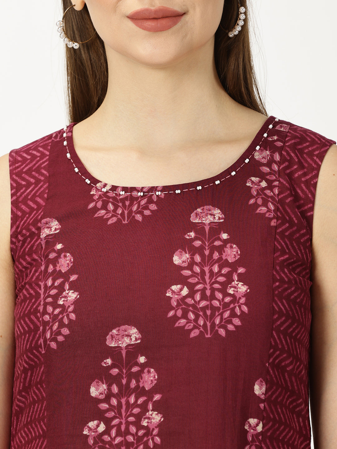 Wine Ethnic Motifs Panelled Printed Cotton Dress