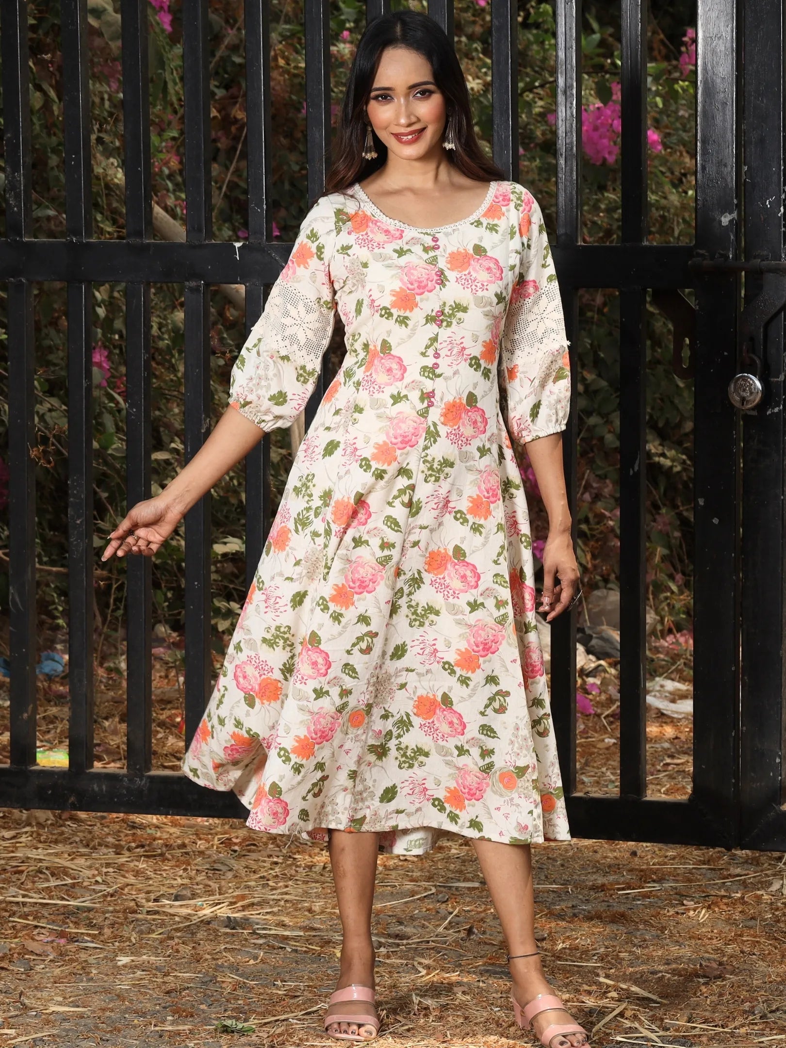 Orange Floral Printed Cotton Flax Dress with Lace inserts – Saffron Threads