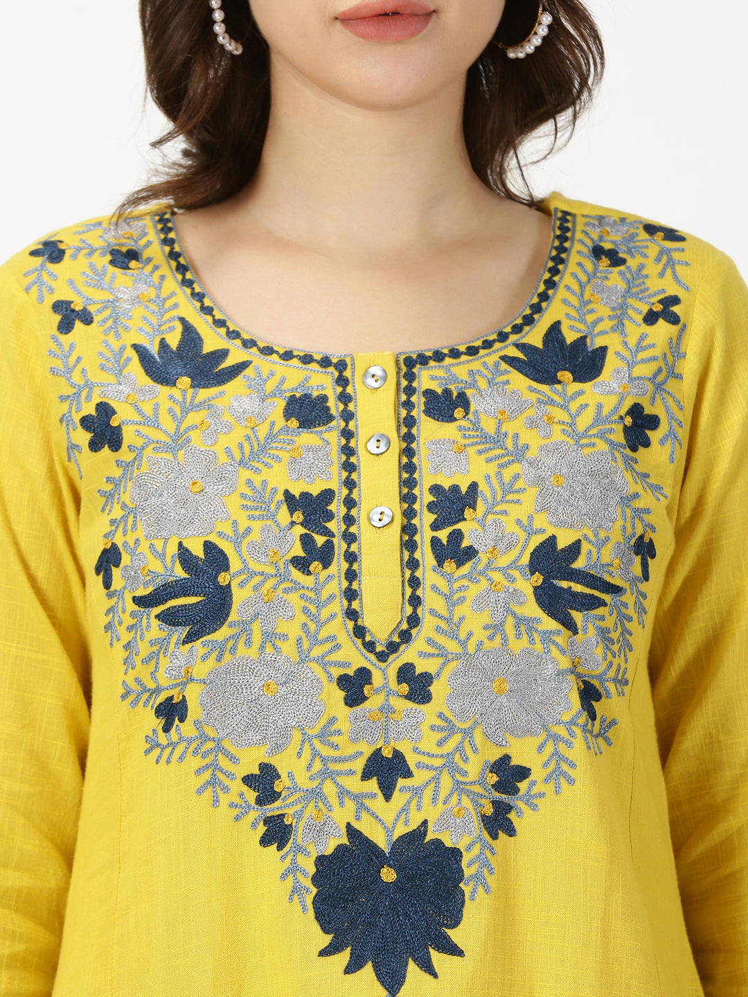 Yellow Slub Kurta with Kashida Embroidery